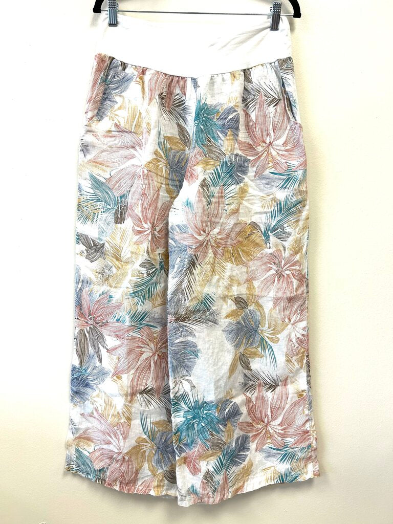 Linen leaf print elastic waist