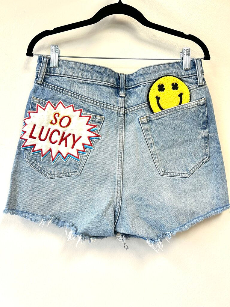 Denim "oh hello" w/patches