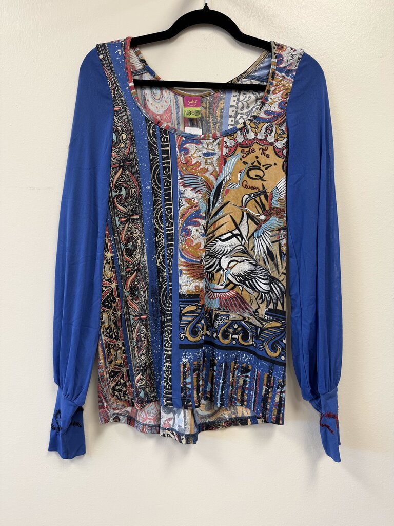 Save The Queen Embroidered Bird-Print Top - Blue, Size S, Pre-Owned